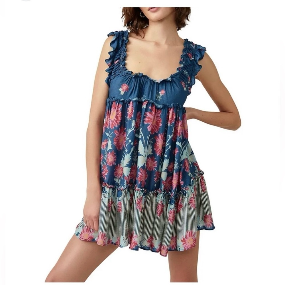 Free People! Intimately Blue Floral Bali Wild Slip Dress In Stellar Combo NWT!